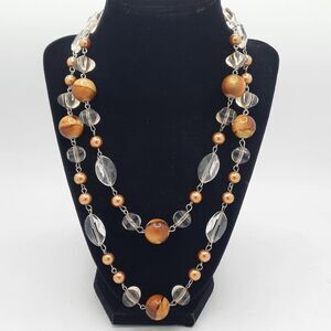 Chunky Boho Double Strand Amber Brown Faceted Clear Acrylic Bead 34" Necklace